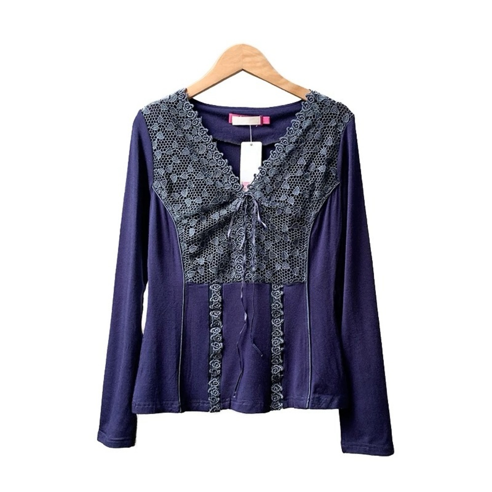 Elegant Navy Blue Lace Detail Women's Top